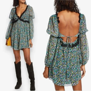 Free People Floral Blue and Black Dress